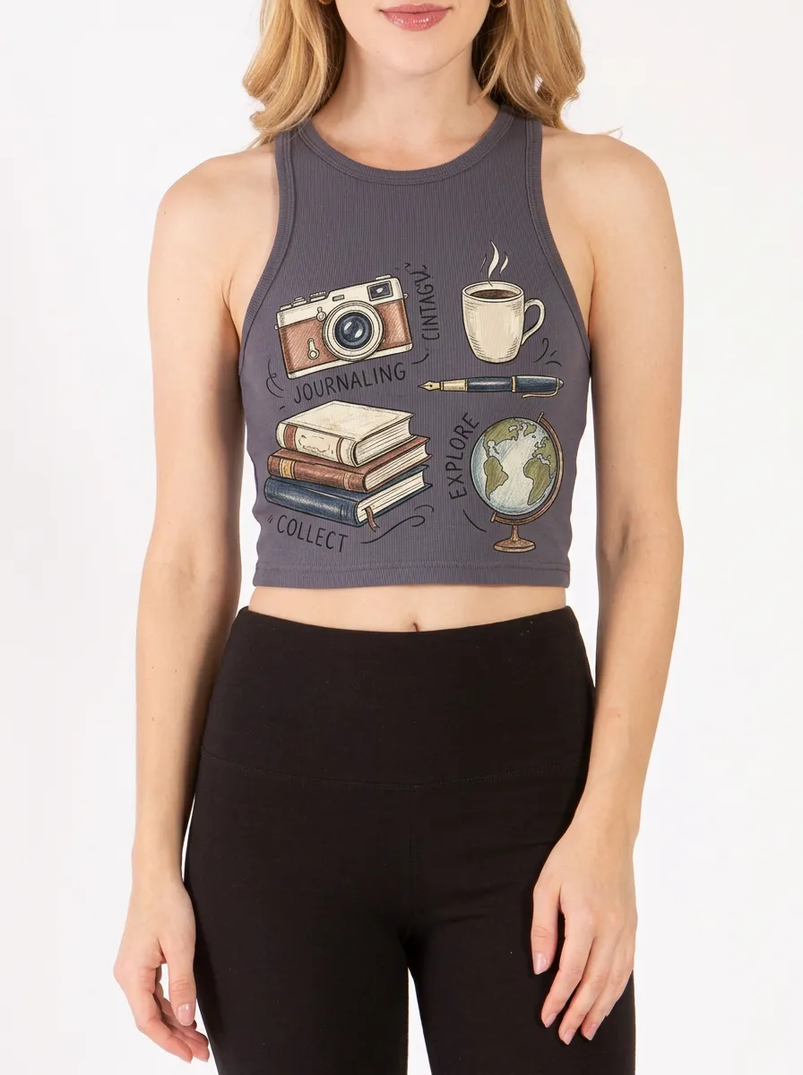 Women's Travel Journaling Hobby Camera Globe Books Printed Crop Tank Top