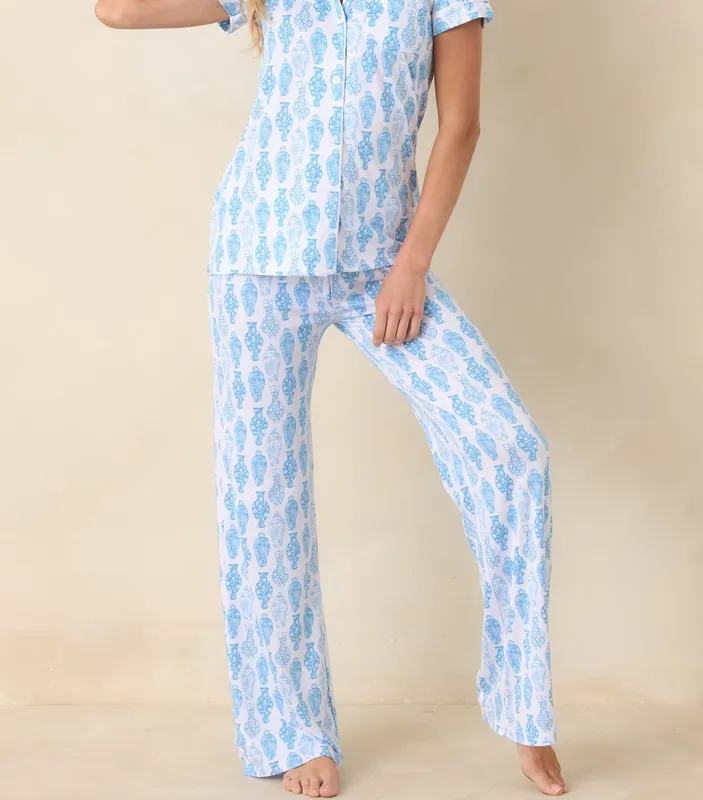 Blue & White Print Pajama Top