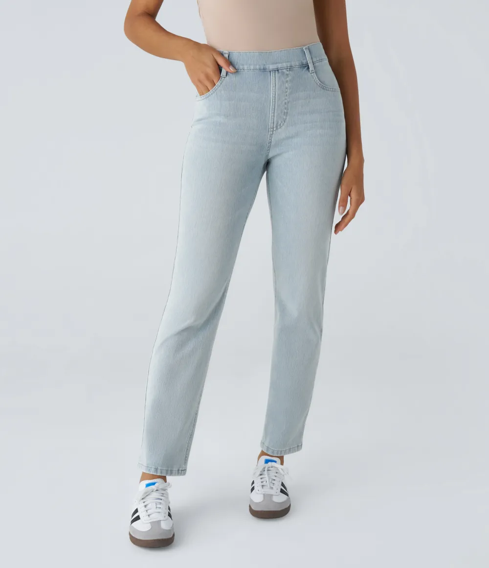 Magic High Waisted Multiple Pockets Straight Leg Washed Stretchy Knit Casual Jeans