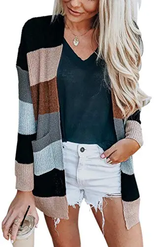 Womens Cardigan Color Block Striped Draped Kimono Cardigans Long Sleeve Open Front Casual Knit Sweaters Coat Outwear