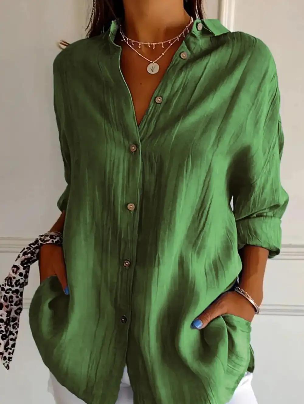 Button Detail Pleated Button-Up Shirt