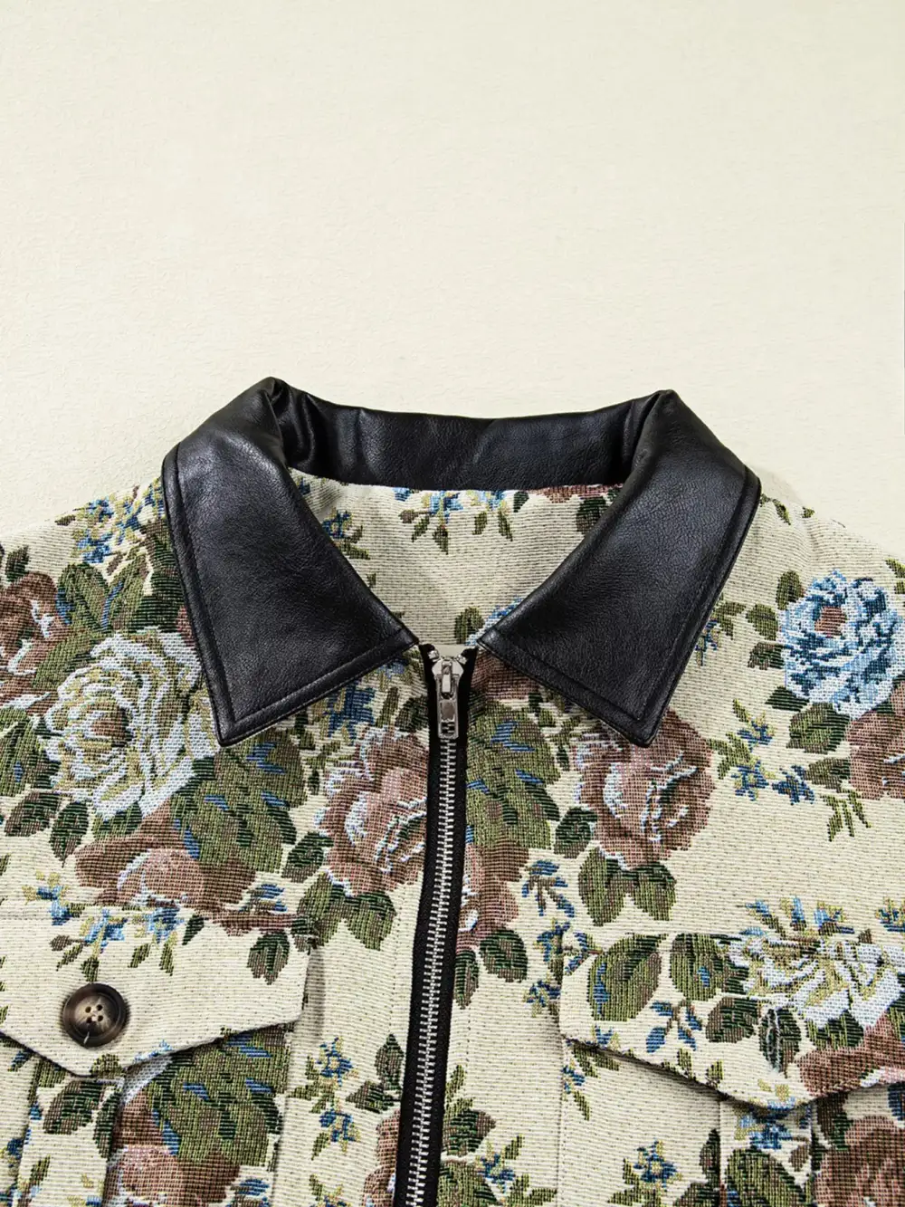 Floral Print Zip Up Contrast Collared Jacket