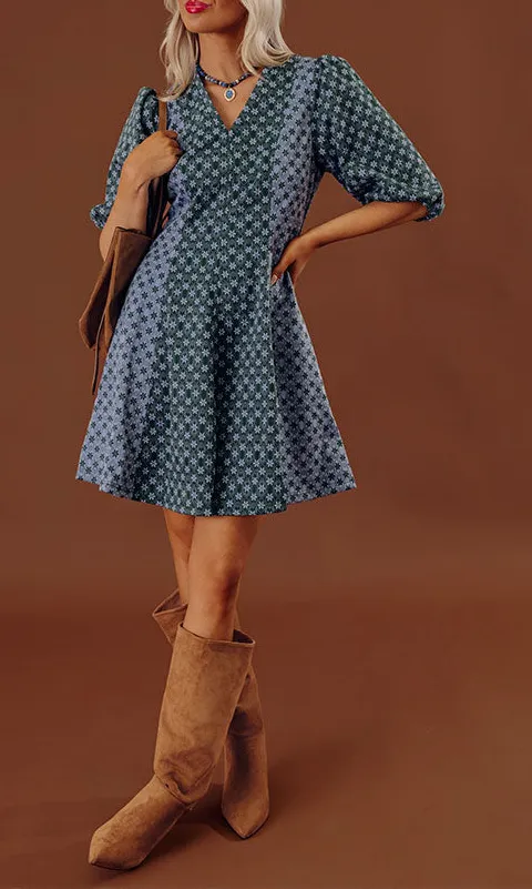 Zip-Closure Floral V-Neck Three-Quarter Sleeve Mini Dress