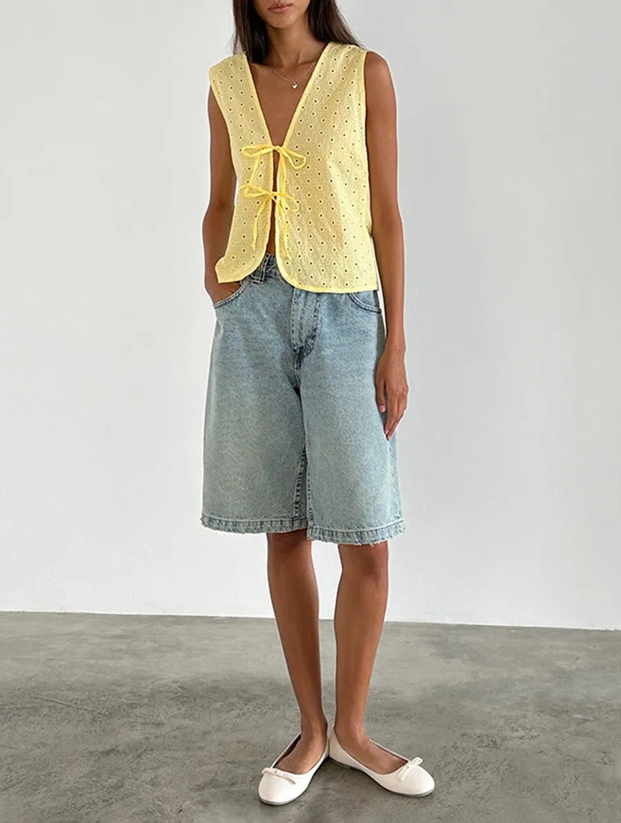 Broderie Yellow Tie Front Top