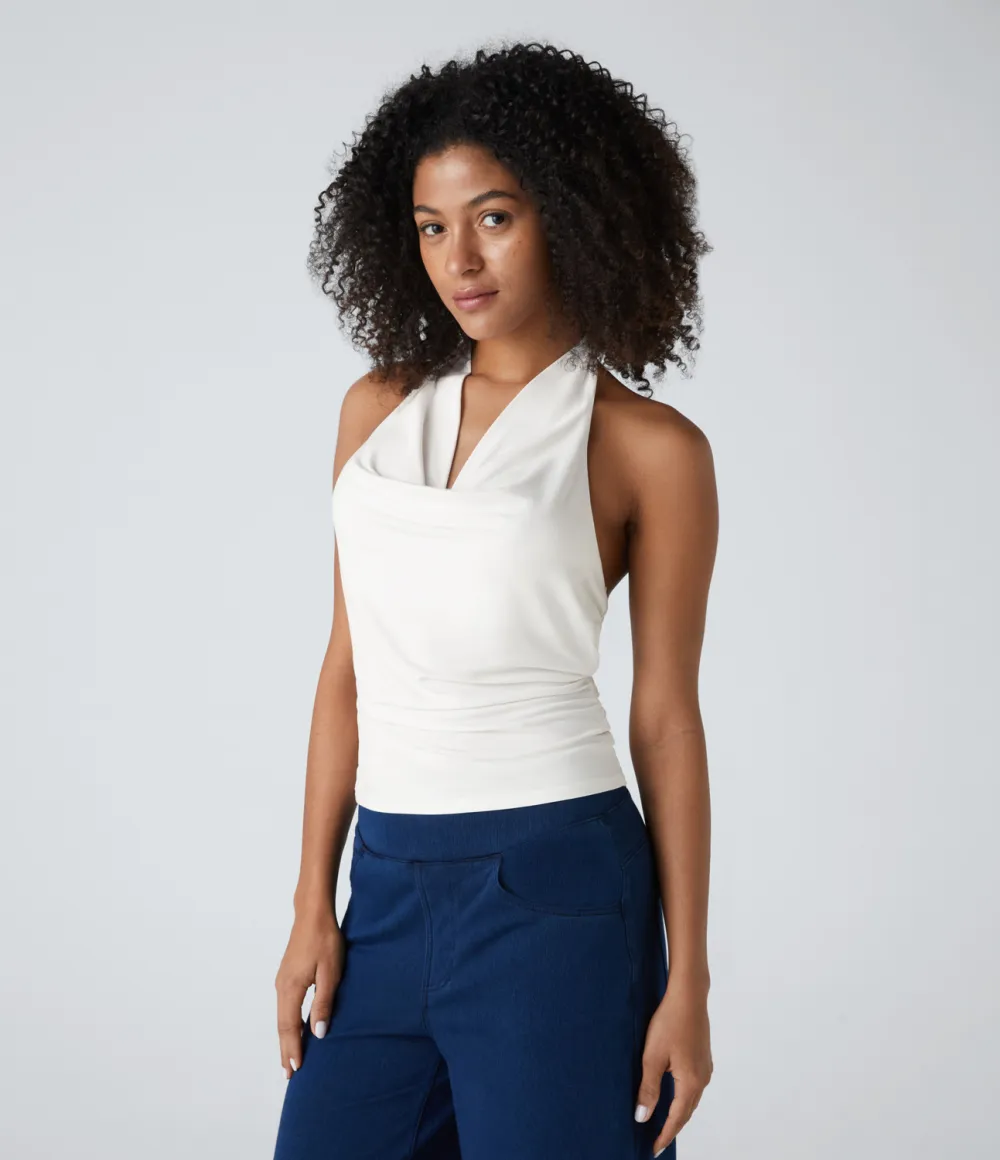 Halter Cowl Neck Backless Ruched Casual Tank Top
