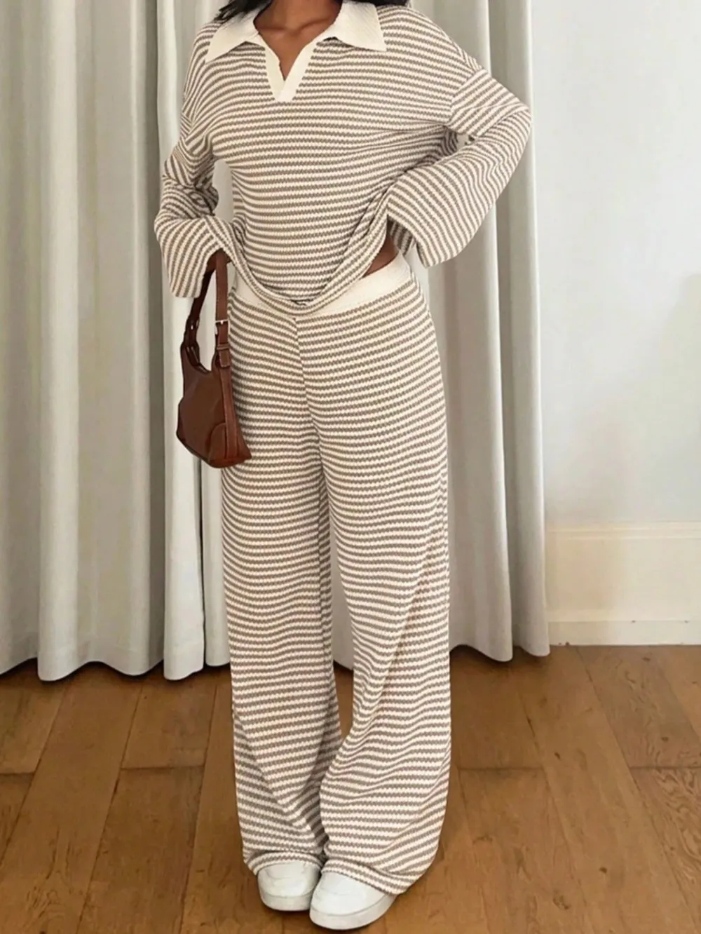 Wide-Leg Elastic-Waist Long-Sleeve Women's Matching Set