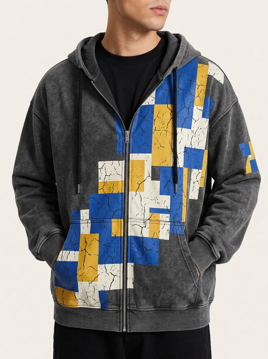 Men's Geometric Block Pattern Distressed Printed Zip Hoodie