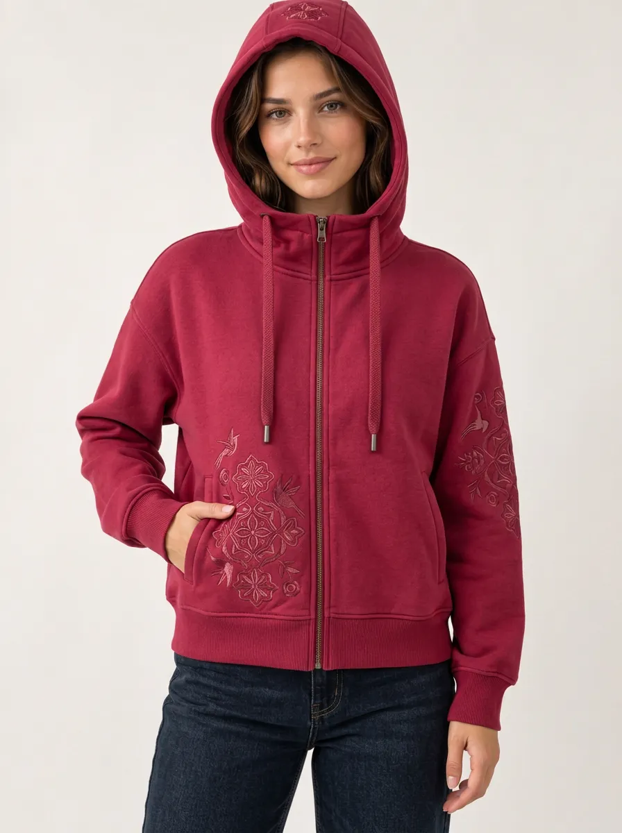 Women's Easygoing Floral Embroidered Zip Front Hoodie