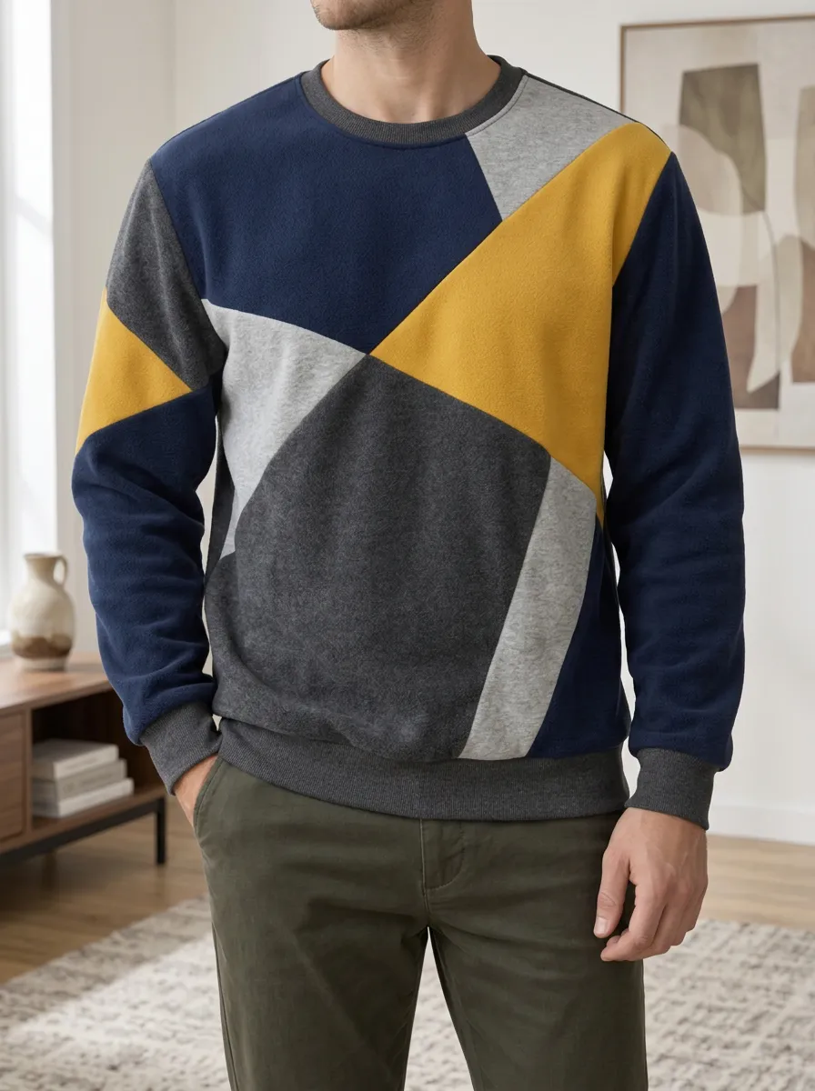 Men's Multi-Color Geometric Panel Crewneck Sweatshirt Hiking Graphic