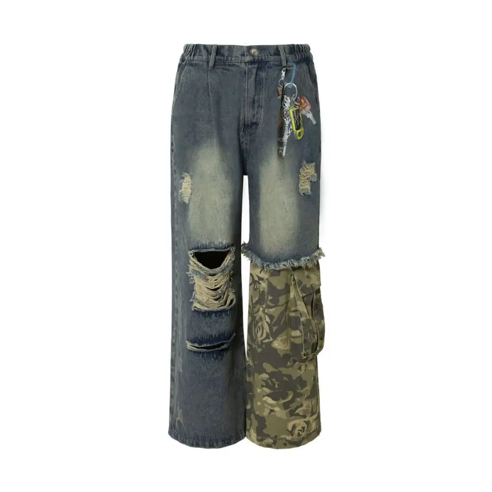 Ripped Camouflage Patchwork Denim Jeans