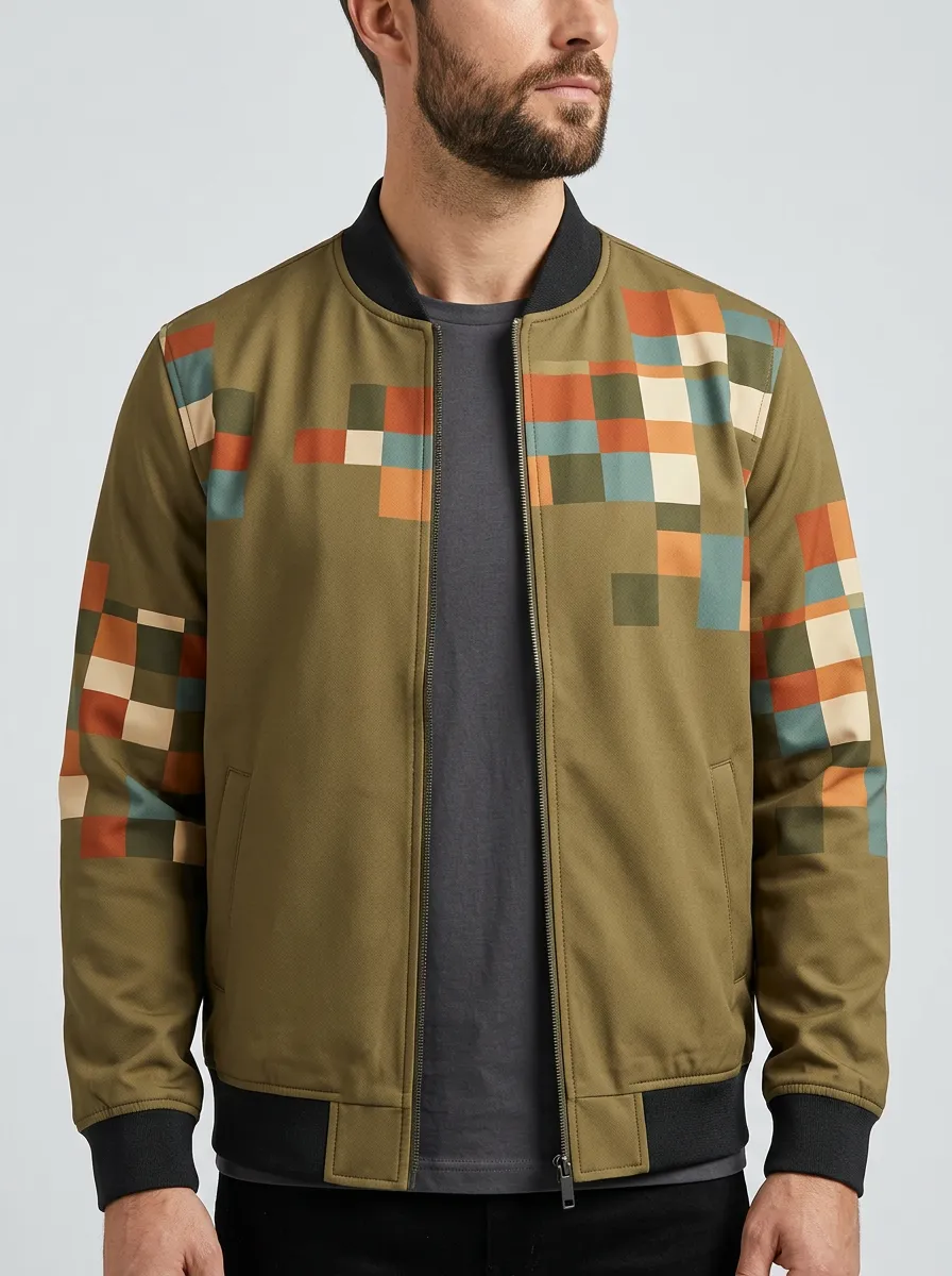 Men's Geometric Pixel Art Olive Printed Bomber Jacket