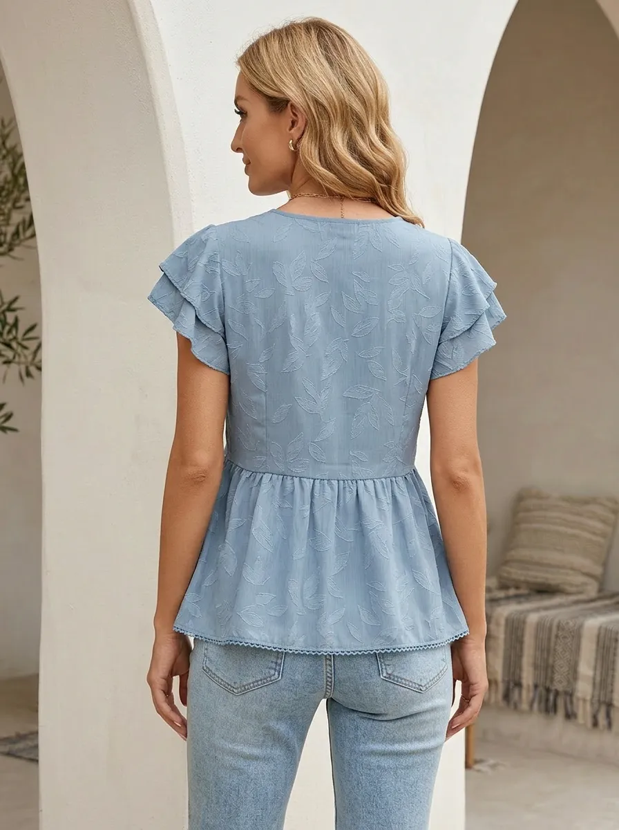 Boho Leaf Pattern Printed V-Neck Peplum Top