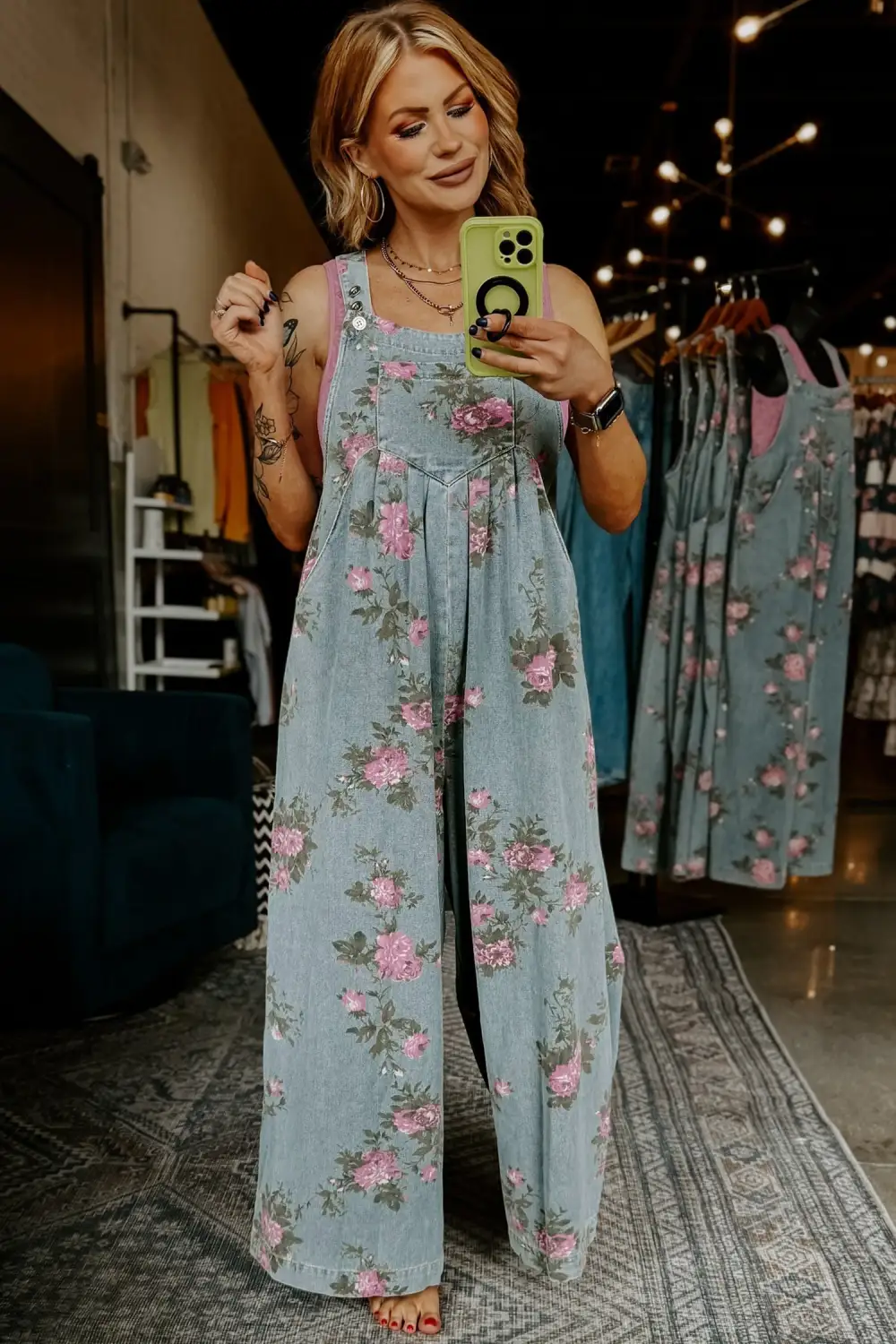 Floral Print Pleated High Waist Wide Denim Pants