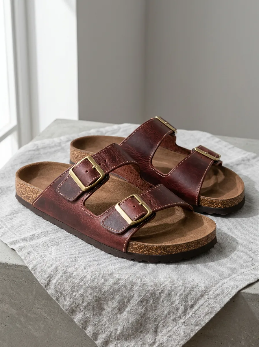 Unisex Leather Classic Double Buckle Cork Footbed Sandals