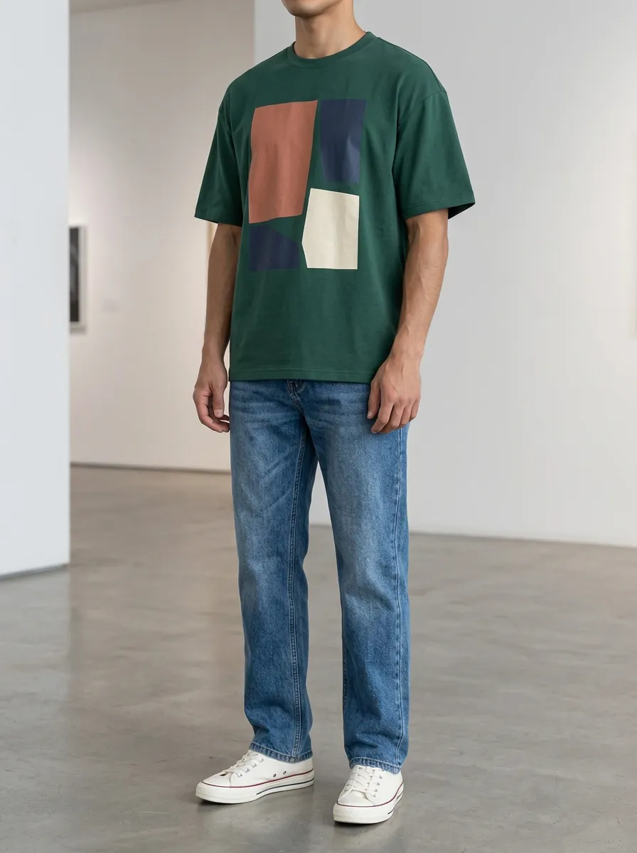 Men's Abstract Geometric Printed T-Shirt and Denim Jeans Set