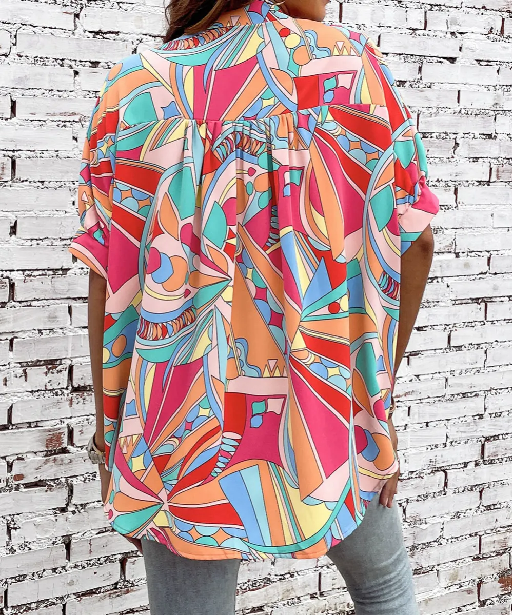 Abstract Print Puff Sleeve Relaxed Fit Shirt Blouse