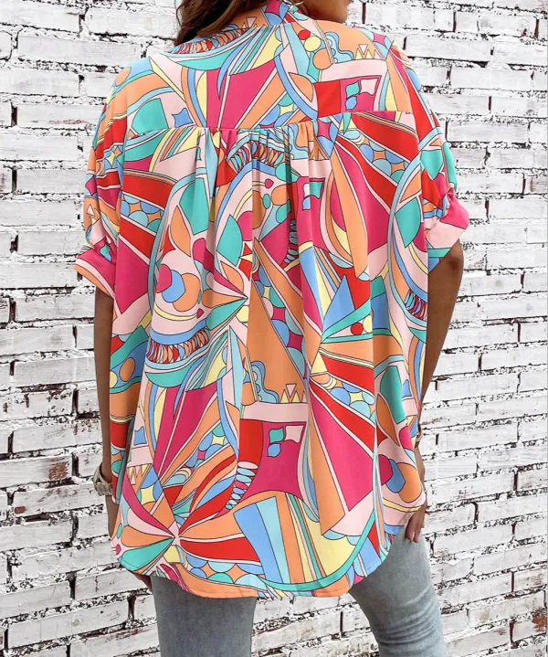 Abstract Print Puff Sleeve Relaxed Fit Shirt Blouse