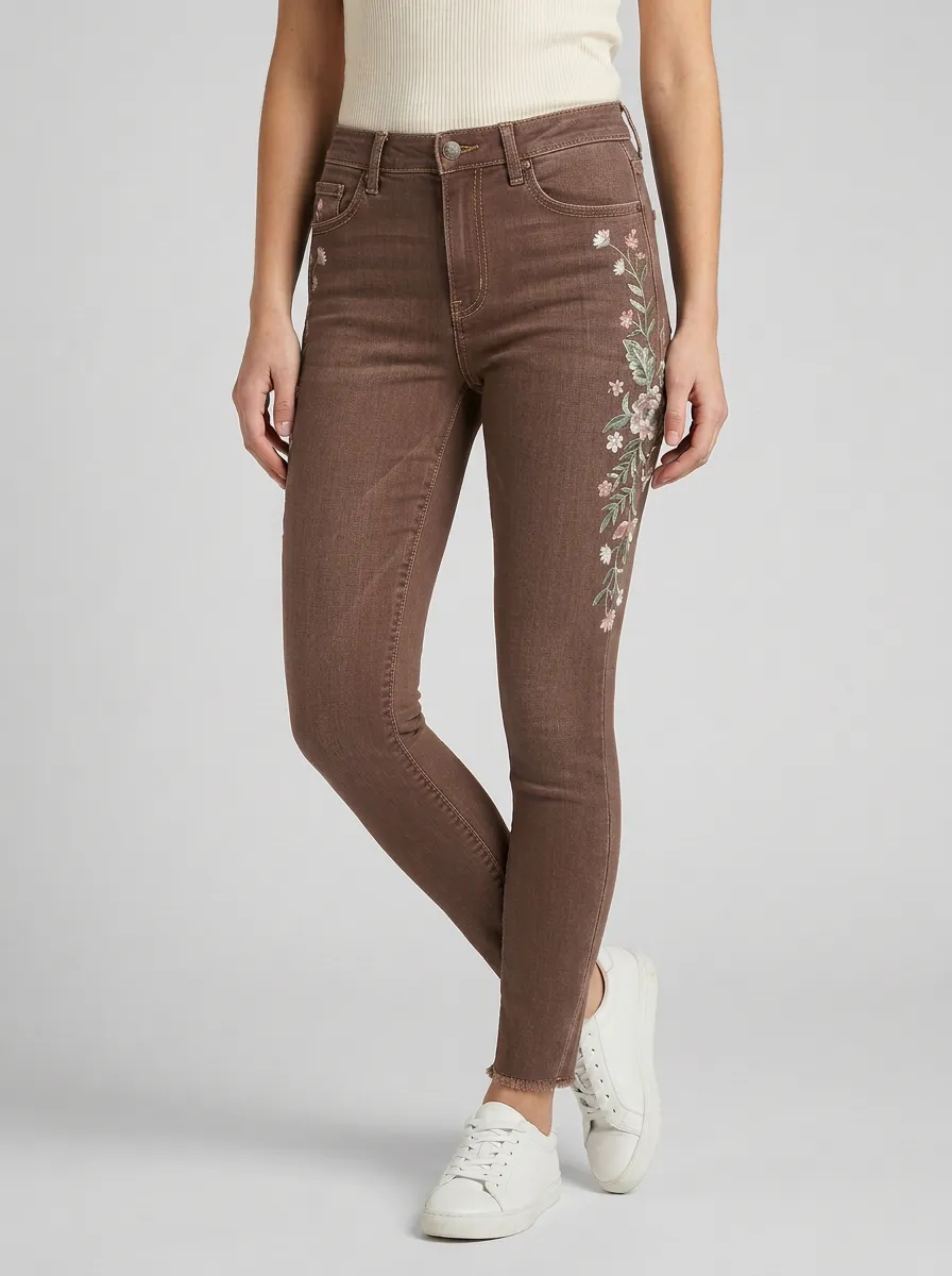 Women's Willow Floral Vintage Flower Embroidered Printed Slim Jeans