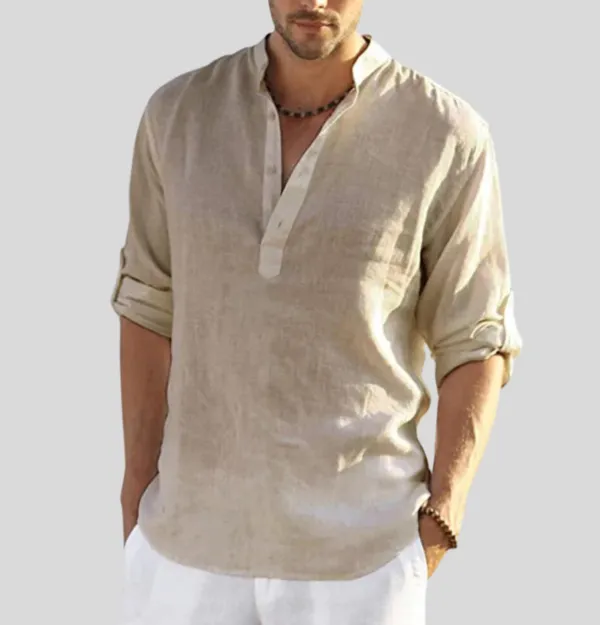 Linen Henley Collar Long Sleeve Shirt