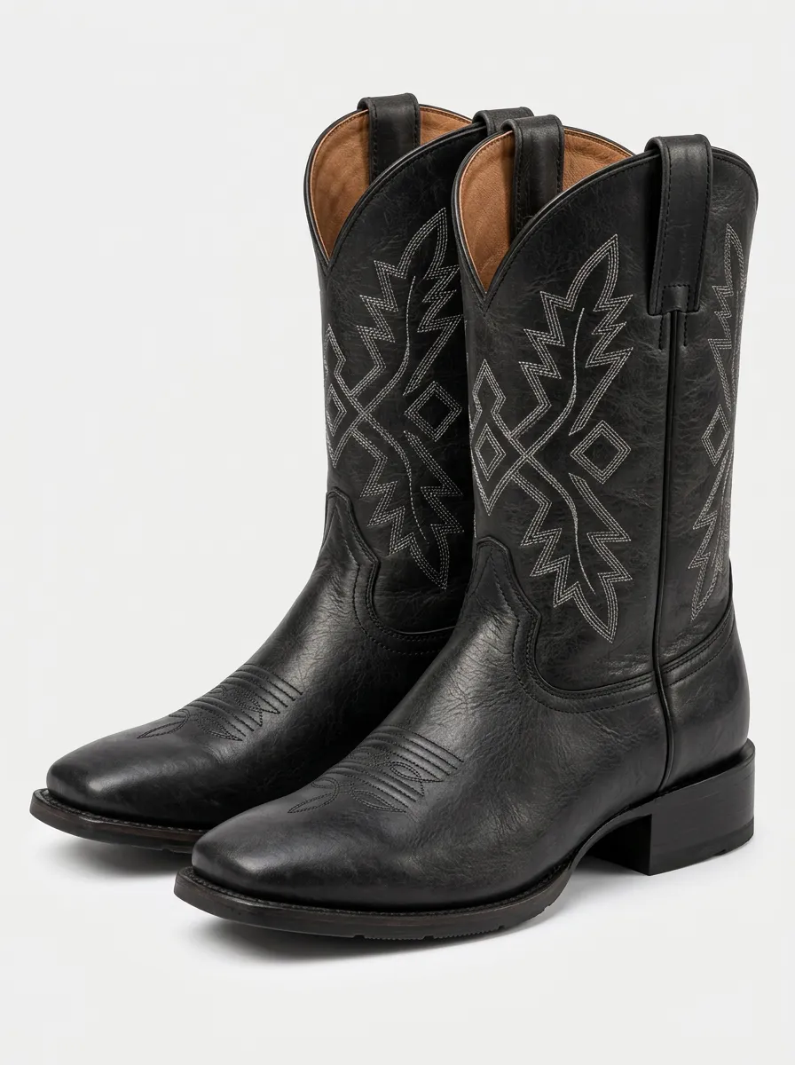 Men's Black Western Leather Boots with Thread Embroidery