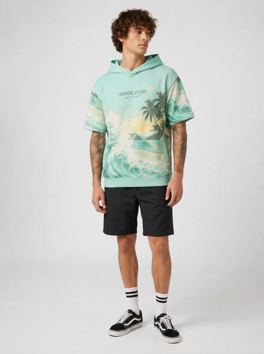 Men's Tropical Beach Palm Tree Ocean Wave Printed Short Sleeve Hoodie