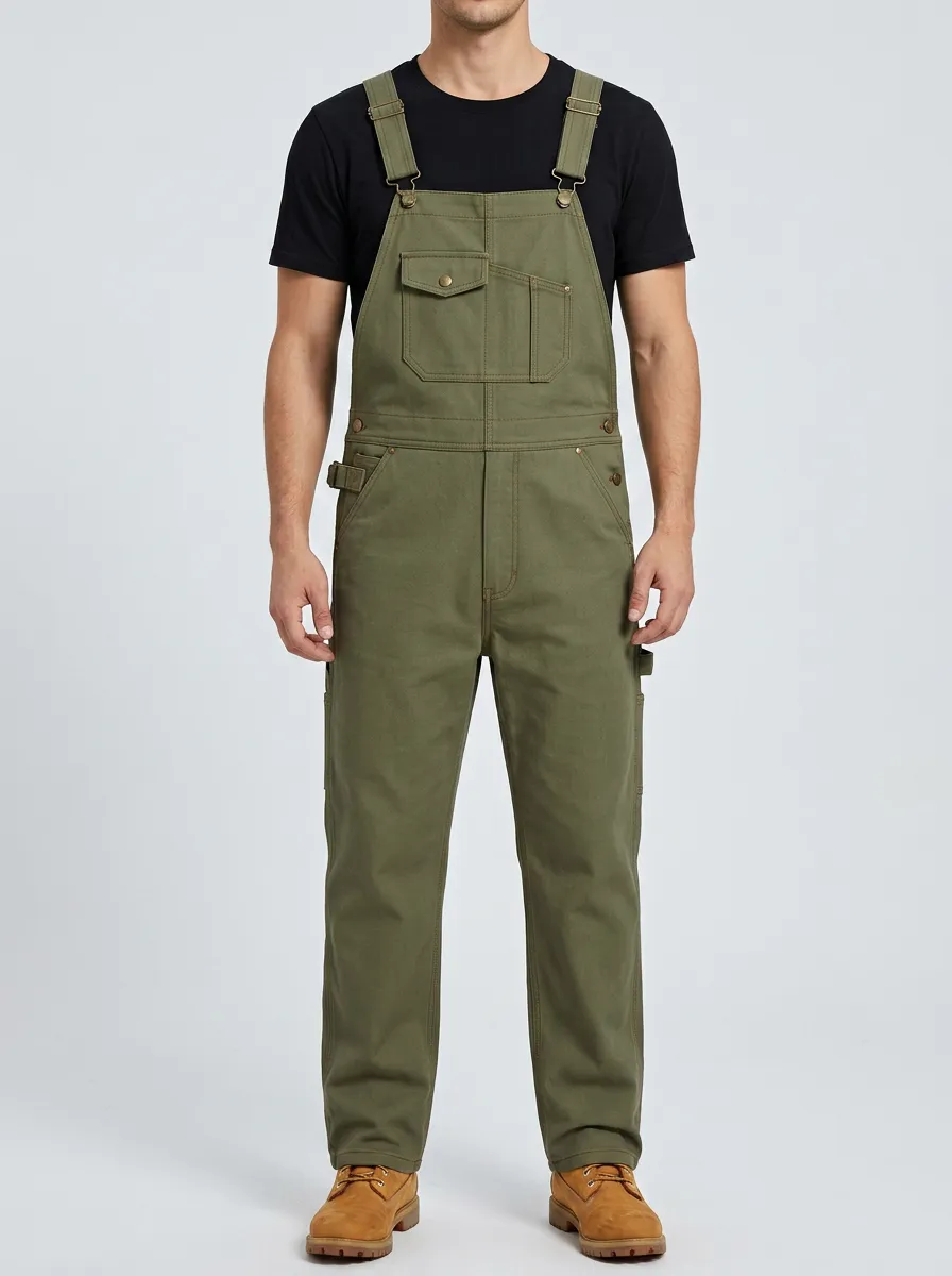 Men's Casual Utility Olive Green Cotton Bib Overalls