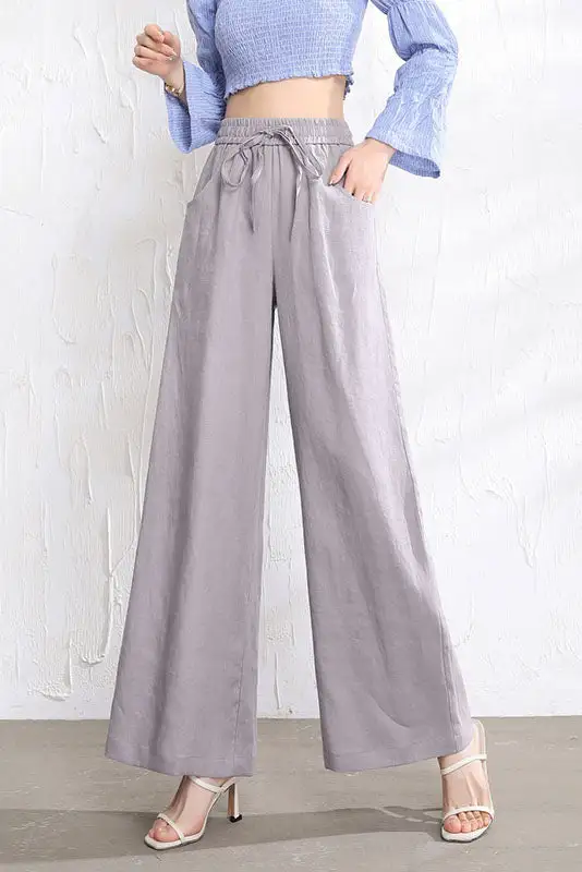 Polished Linen Wide Leg High Waist Pocketed Trousers