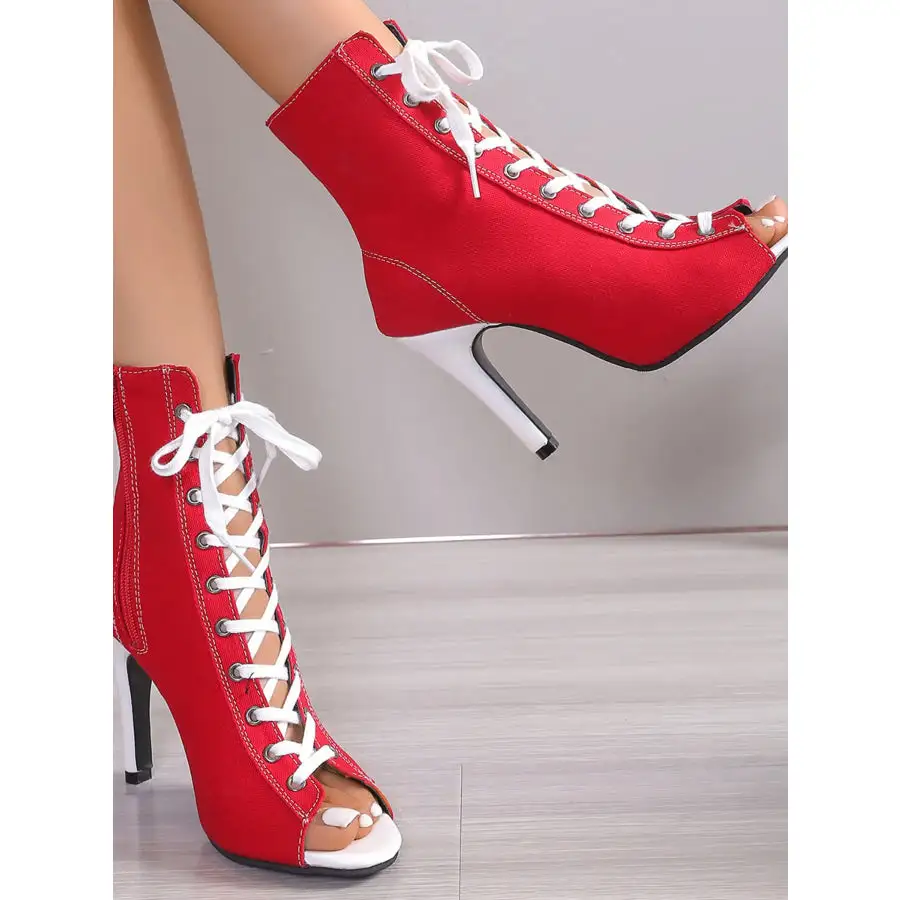 Canvas Lace Up Peep Toe Stiletto Ankle Boots