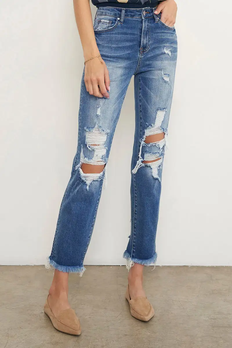Mid Rise Ripped Frayed Hem Boyfriend Jeans