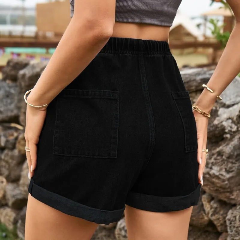 Drawstring High-Waist Denim Shorts with Pockets