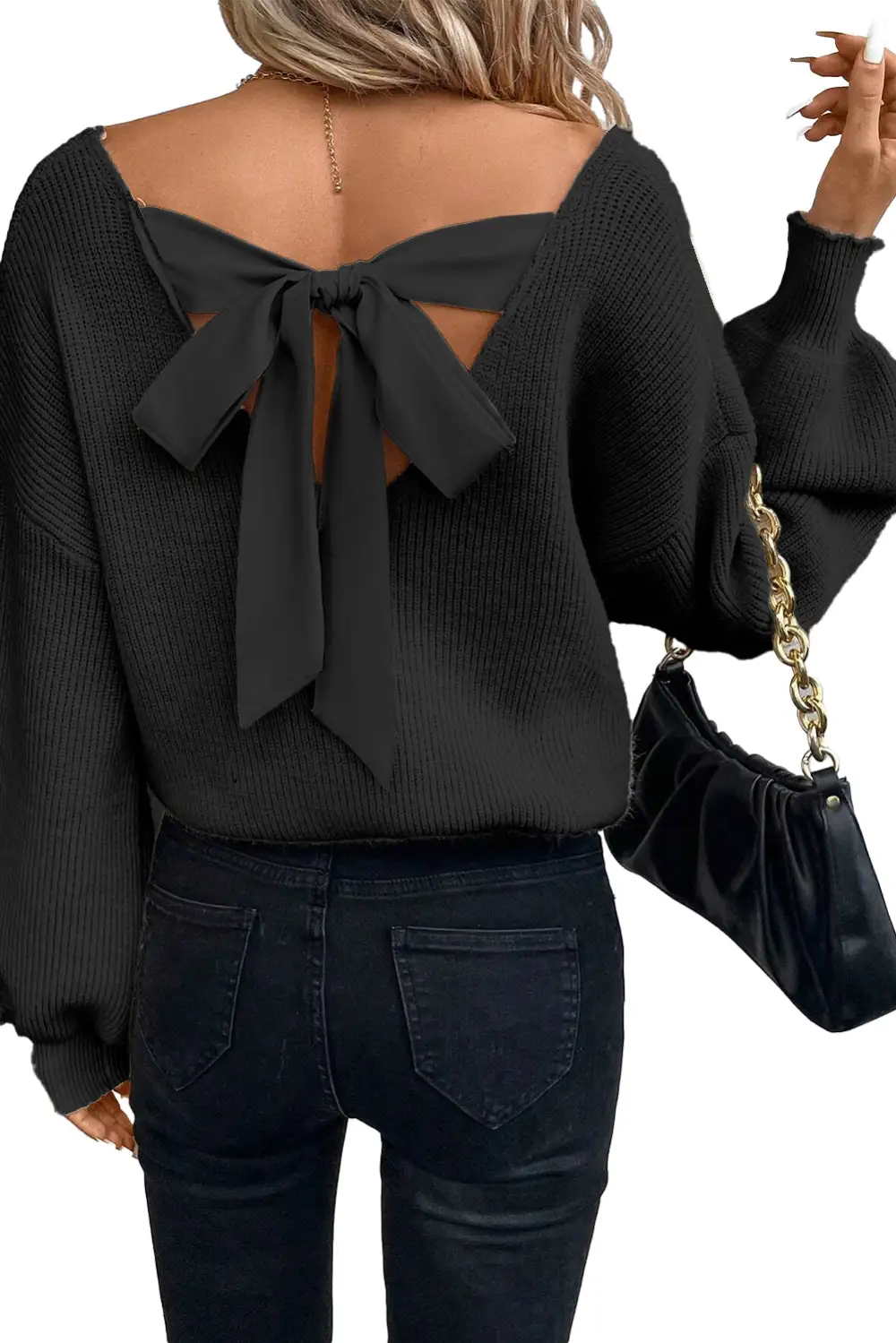 Lantern Sleeve V Neck Knot Detail Sweater