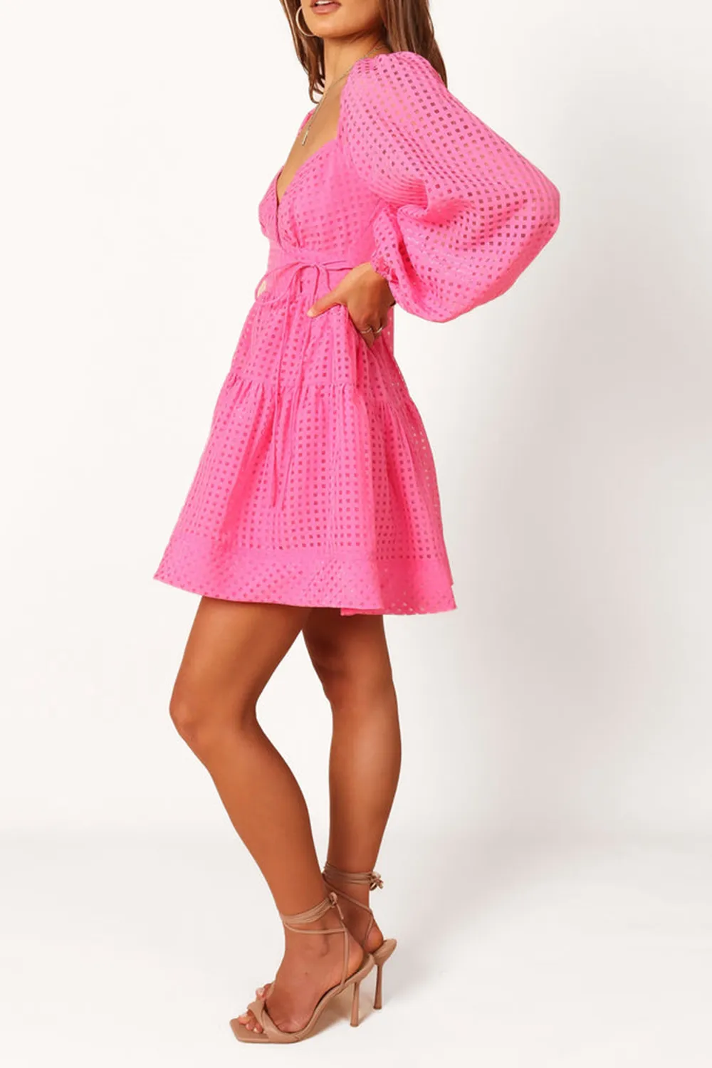 DEEP V NECK MAGENTA LONG SLEEVE MINI DRESS