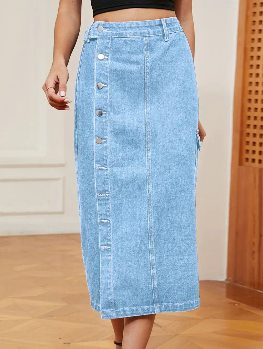 Denim Elastic Waist Midi Skirt