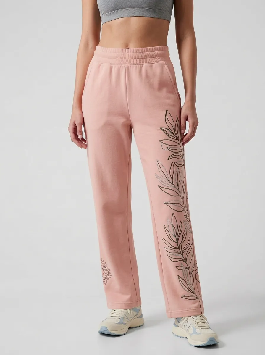 Women's Beige Botanical Embroidered Sweatpants