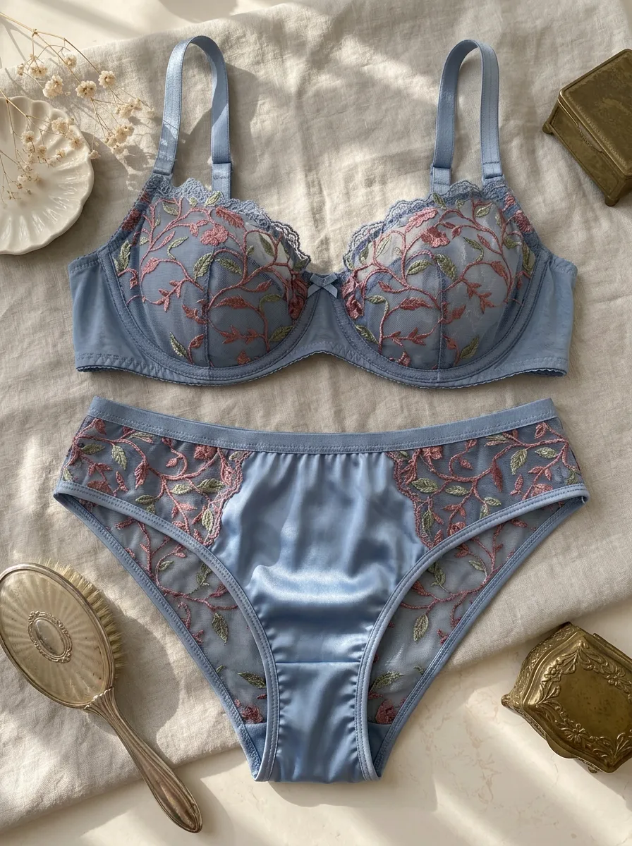 Women's Floral Embroidery Mesh Satin Lingerie Set