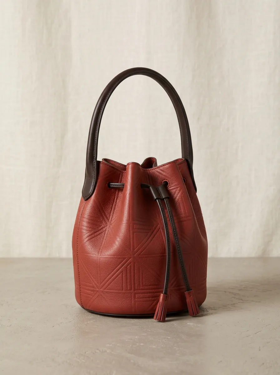 Women's Geometric-Embossed Tassel-Detail Drawstring Bucket Bag