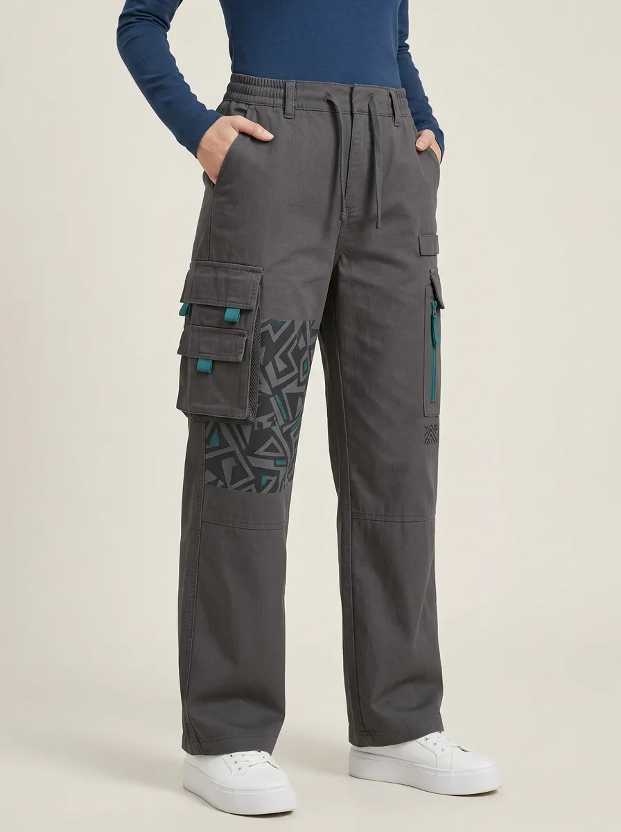 Women's Charcoal Grey Geometric Pattern Cargo Pants