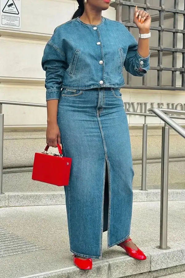 Gradient Denim Pocket Side-Slit Dress Set