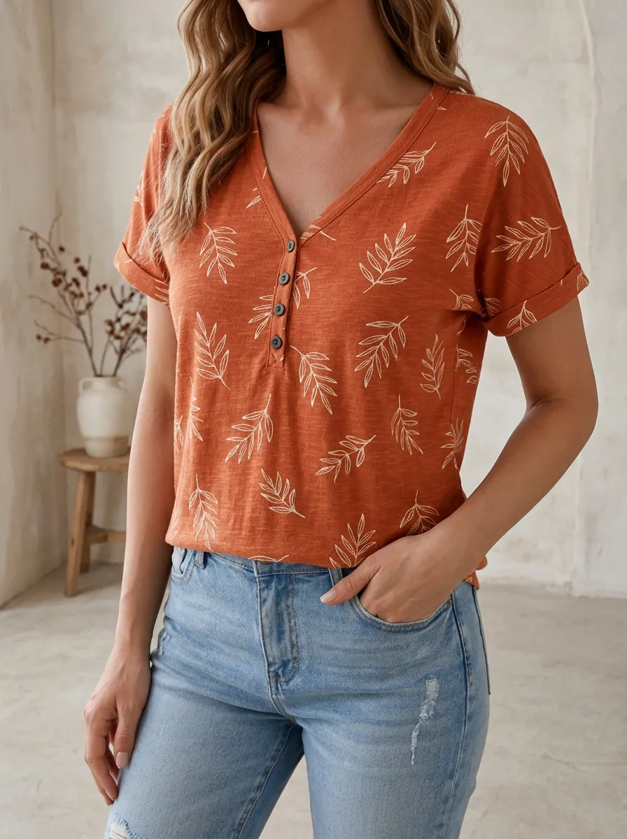 Women's Weekend Botanical Leaf Pattern Printed Button V-Neck T-Shirt