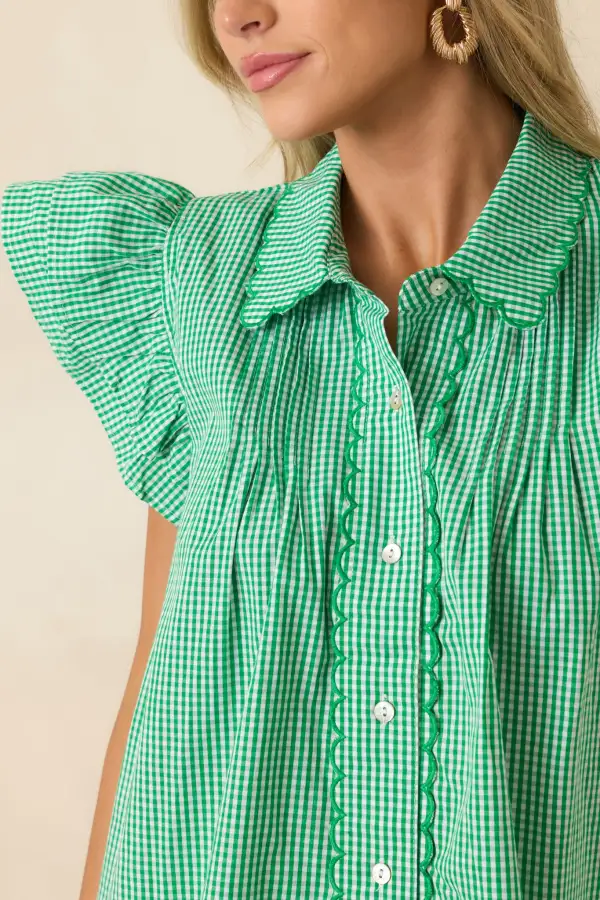 Button-Front Flutter-Sleeve Sleeveless Scalloped Blouse