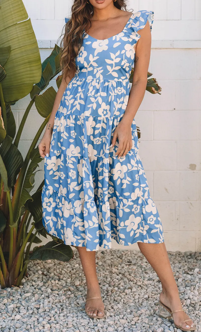 U Neck Flutter Shoulder Tiered Flowy Midi Dress