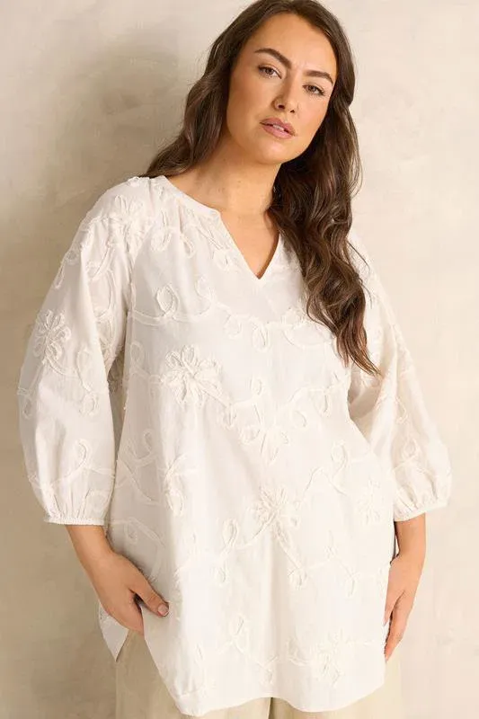 Ivory White Floral Embroidered Cotton Blouse