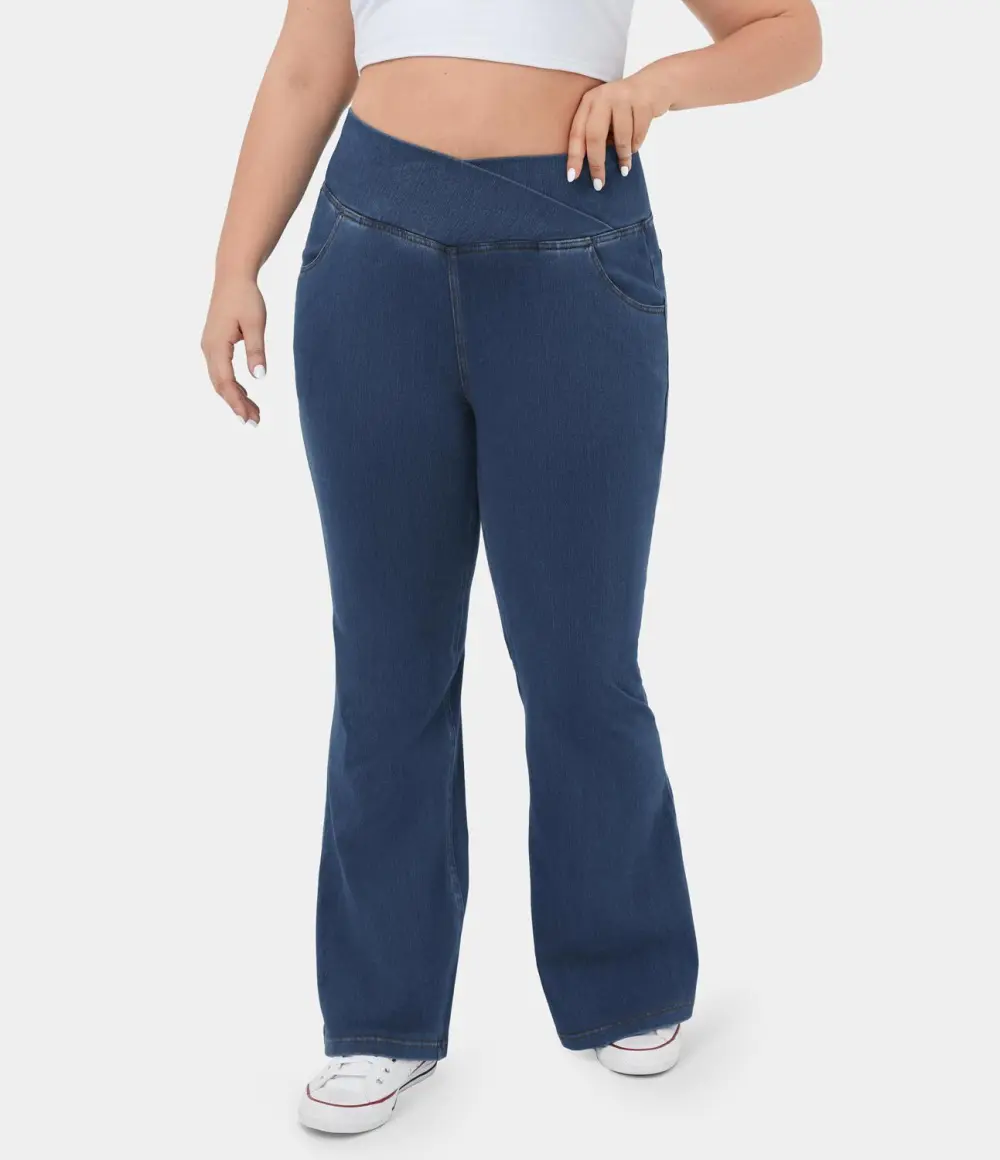 Magic High Waisted Crossover Pocket Cool Touch Breathable Washed Stretchy Knit Plus Size Casual Super Flare Jeans