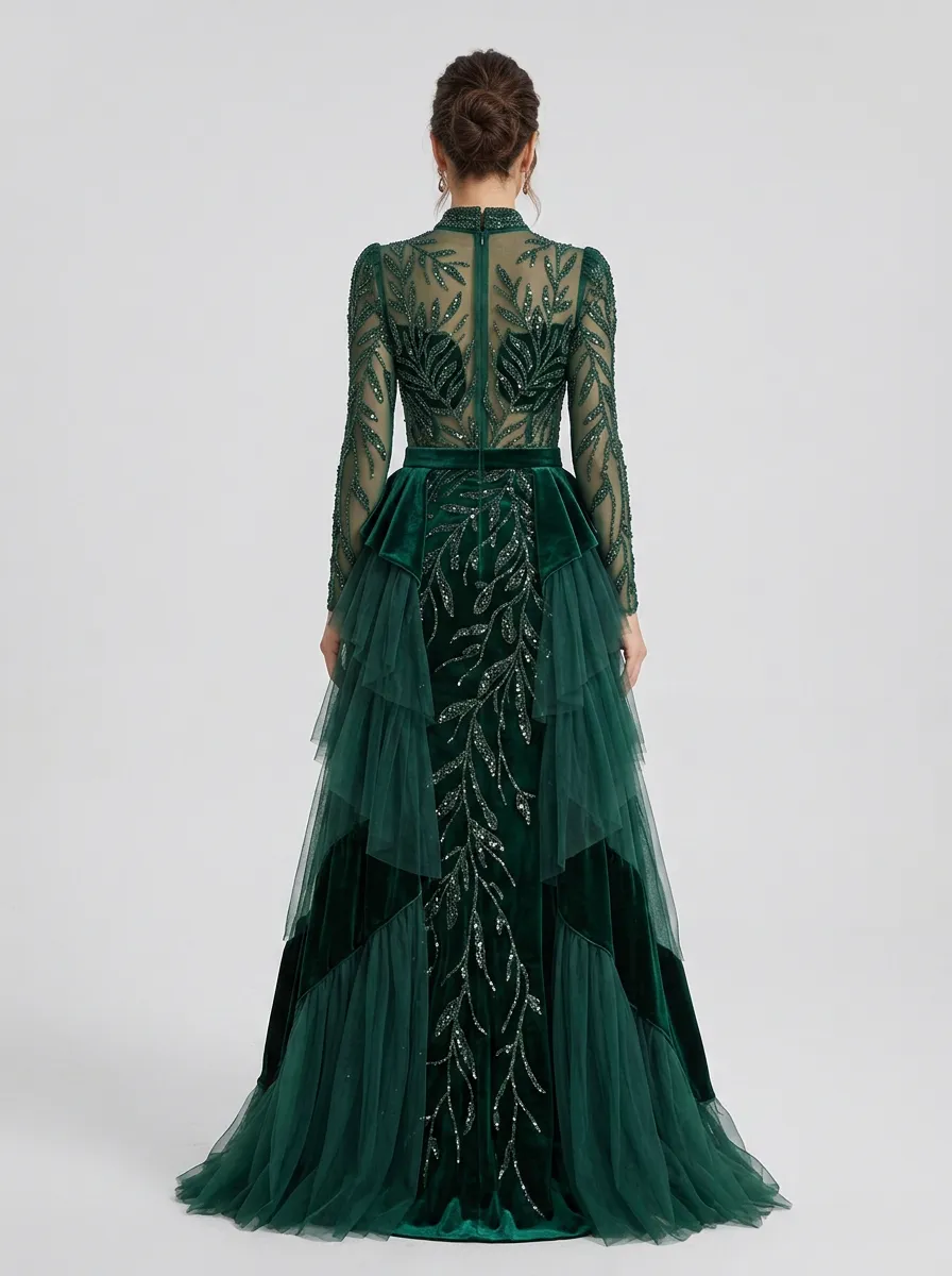 Women's Leaf Sequin Embroidered Tulle Evening Gown
