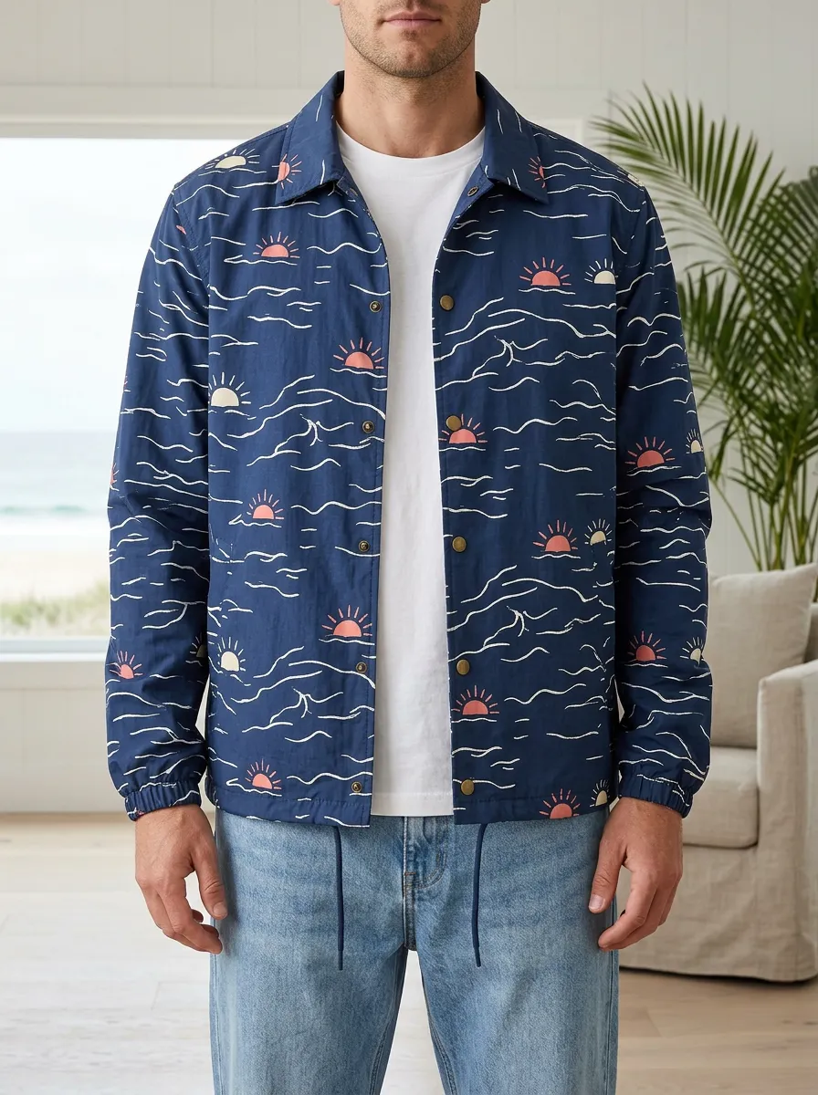 Men's Beach Lover Ocean Sunset Printed Coach Jacket