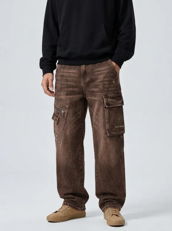 Men's Streetwear Compass Patch Washed Denim Cargo Jeans