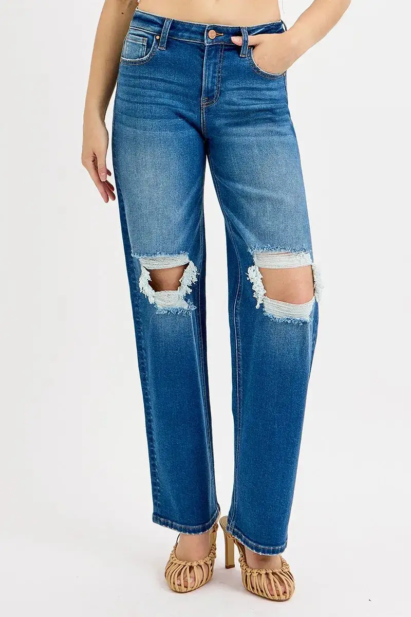 Mid Rise Distressed Denim Jeans