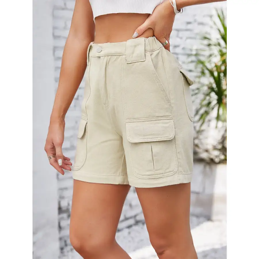 High Waist Pocketed Washed Denim Shorts