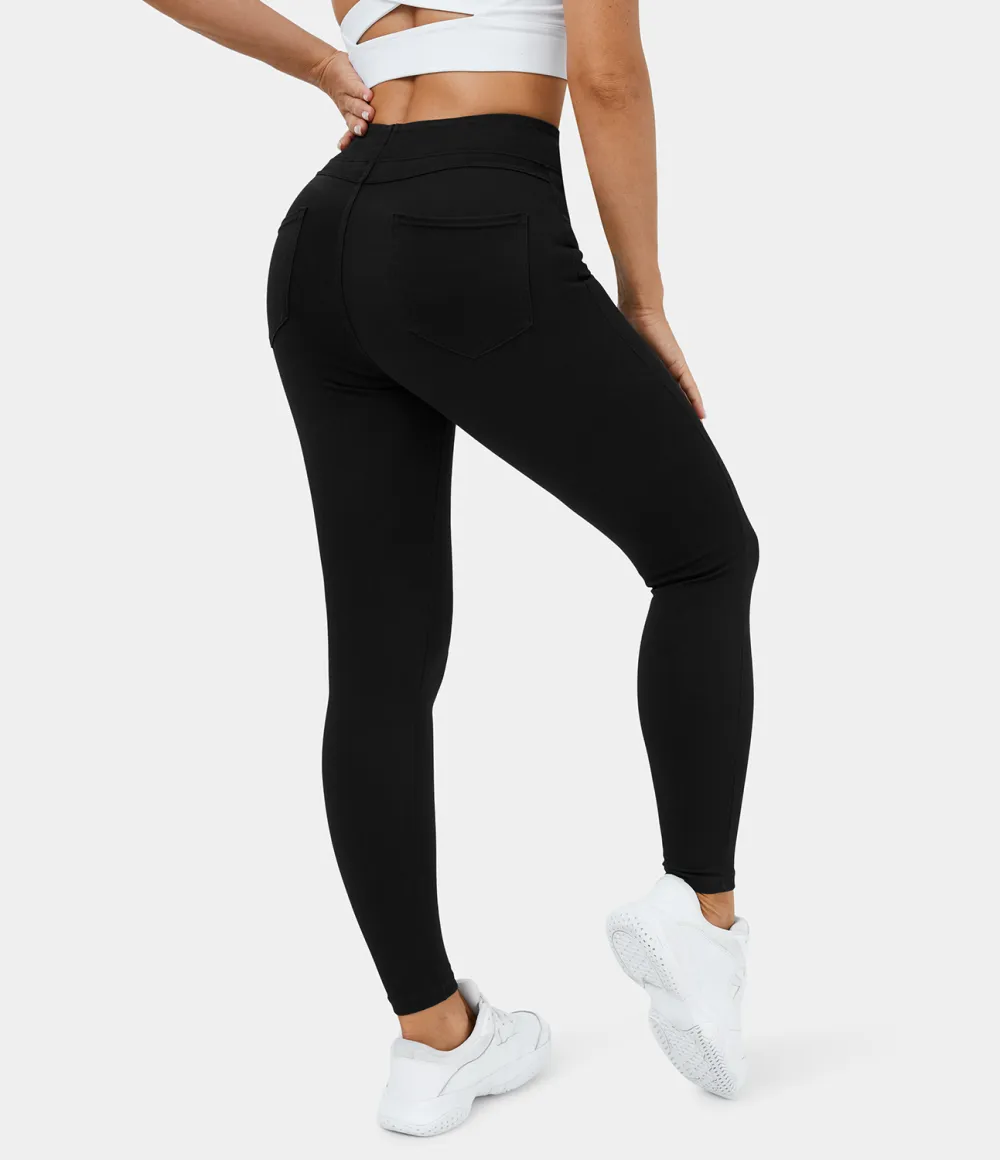 Magic High Waisted Back Side Pocket Stretchy Knit Denim Casual Leggings