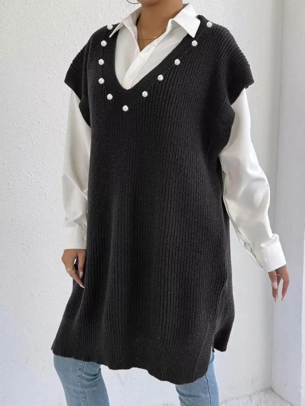 V Neck Slit Sweater Dress